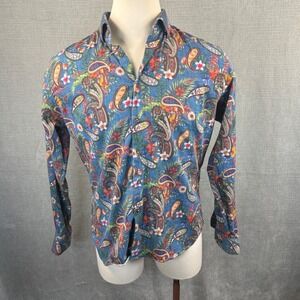Visconti Black Mens Blue Paisley Floral Tropical Button Up Long Sleeve Shirt